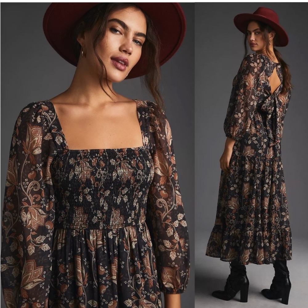 Anthropologie Black and Brown Floral Maxi Dress